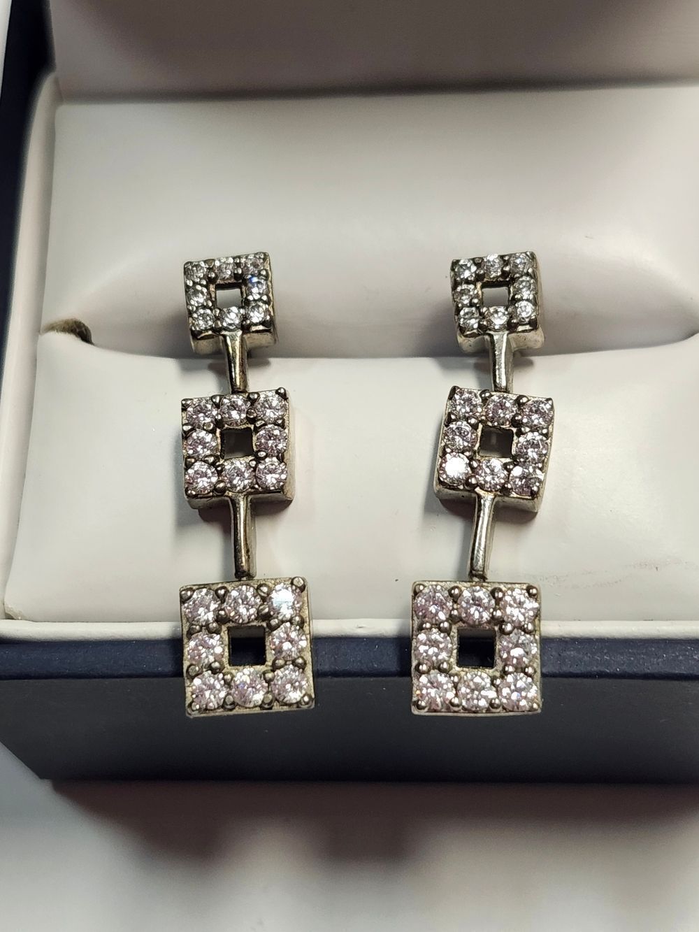 Sterling Silver Cubic Zirconia Square Drop Earrings 925